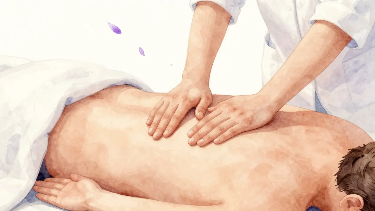 Therapist's hands performing gentle strokes during Swedish massage.