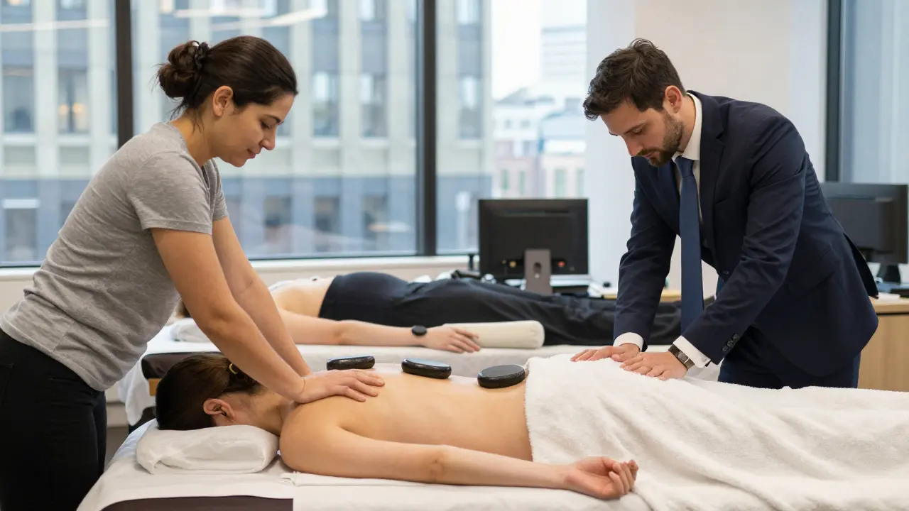 Three different massage experiences: hot stone, corporate seated, and prenatal massage in a London urban setting.