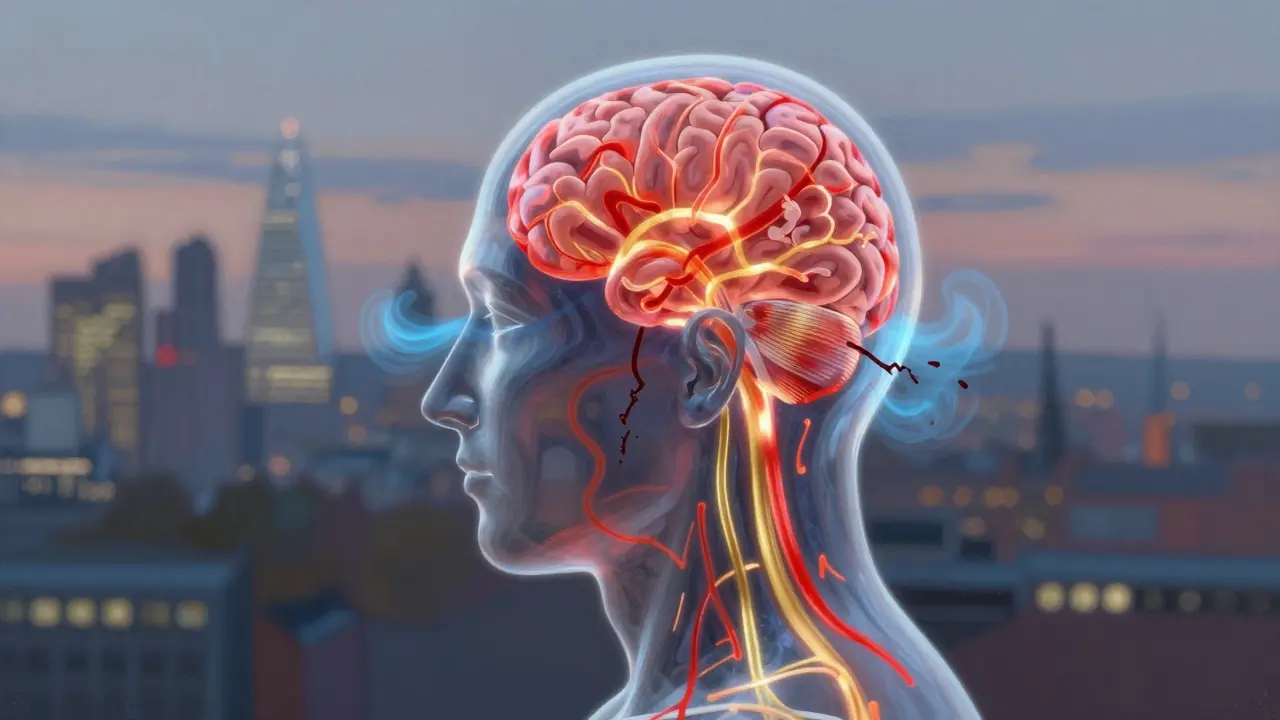 Transparent head with glowing blood flow pathways dissolving tension lines toward the brain.