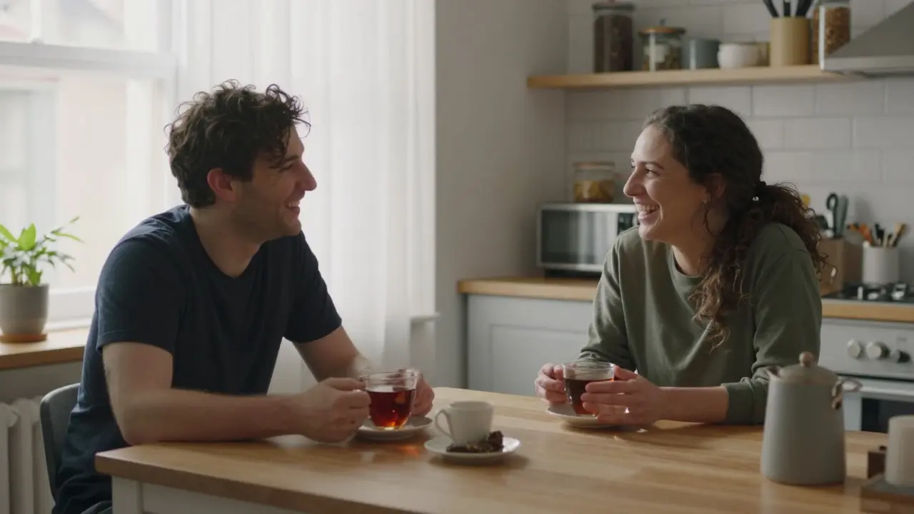 Two couples sharing tea in a cozy kitchen, relaxed and connected after a private, intimate gathering.
