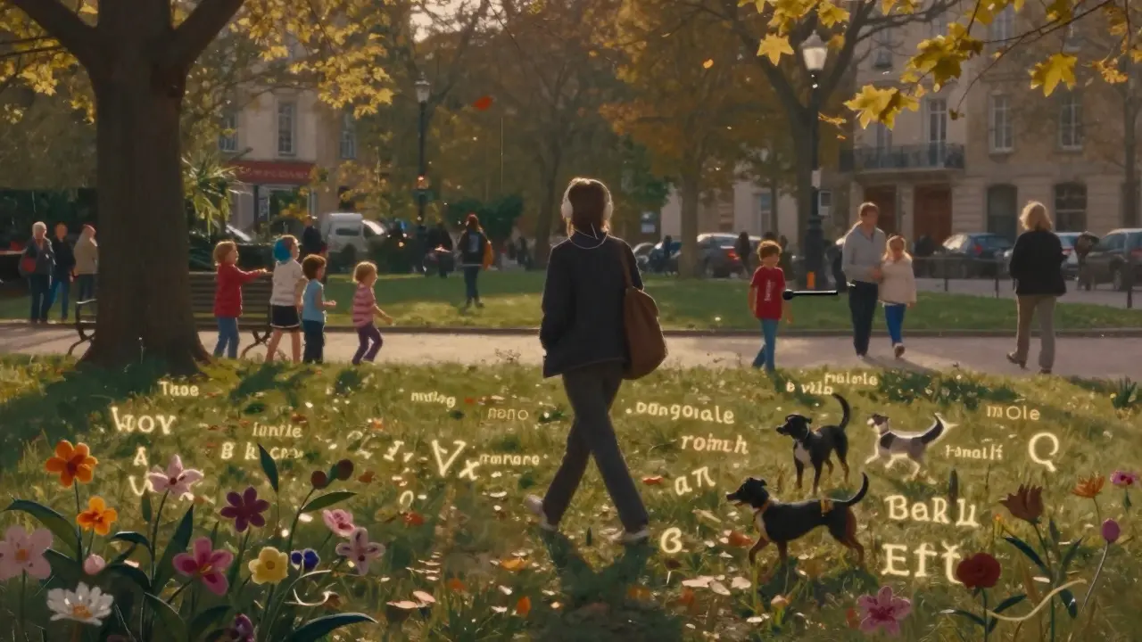 Walker in a park listening to French radio, with abstract language forms blooming like flowers around them.