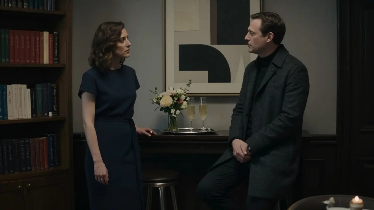 A discreet, intimate conversation unfolds in a private London club with art and subtle luxury in the background.