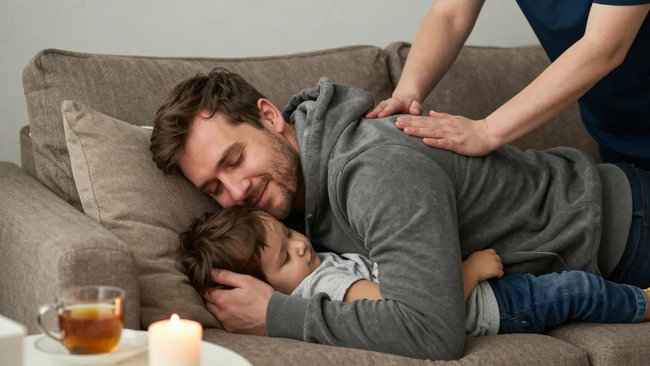 A father smiles during a home massage while his child plays nearby, surrounded by quiet calm.