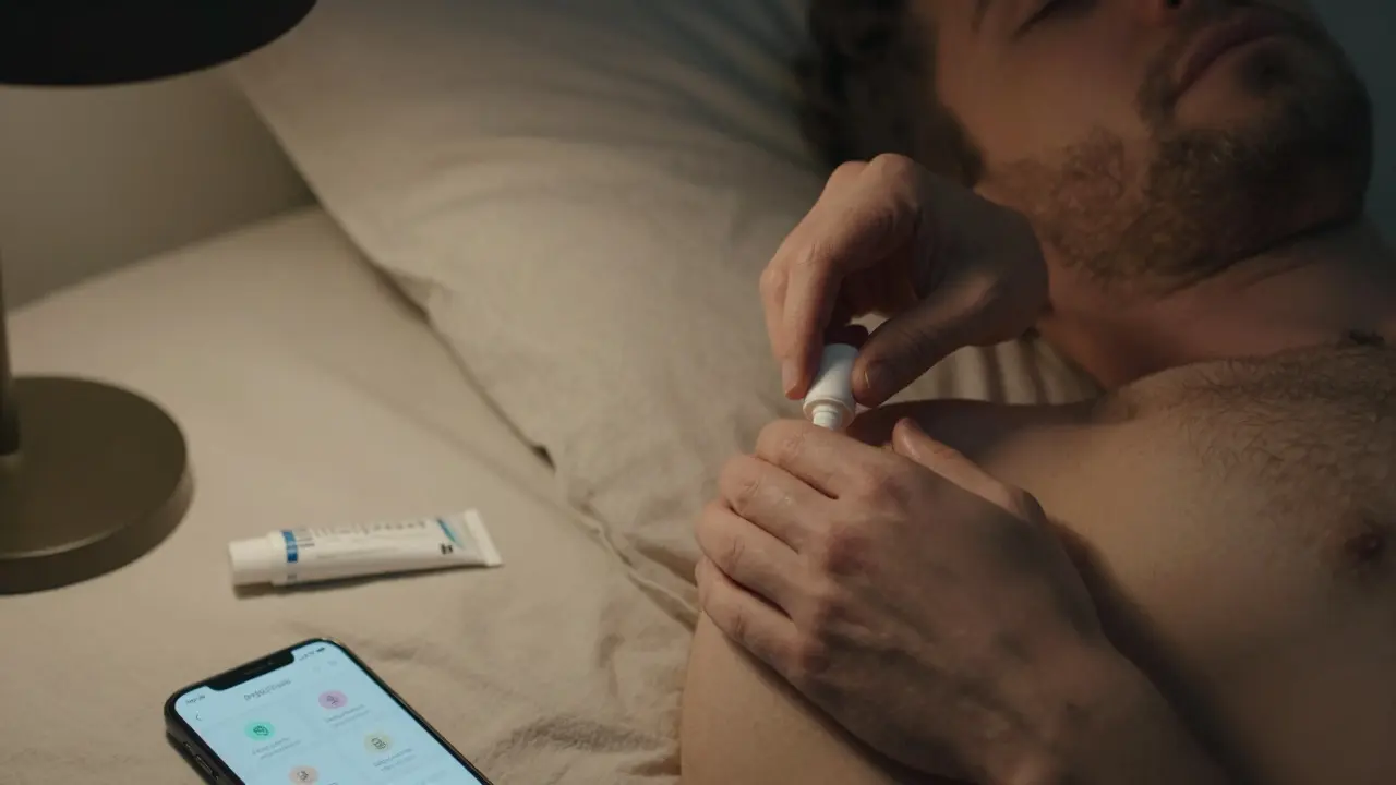 A man gently performing self-prostate massage at home with soft lighting and a health app visible.