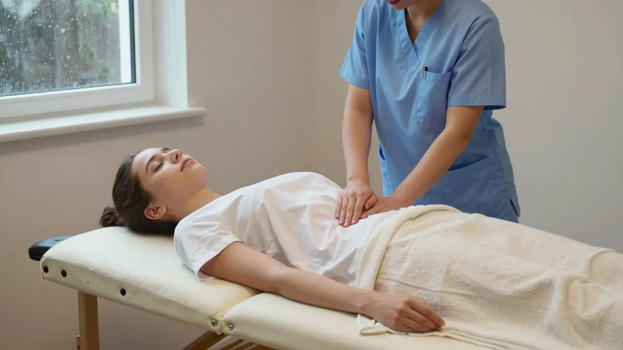 A nurse relaxes during a home massage, therapist working on her lower back with gentle pressure.
