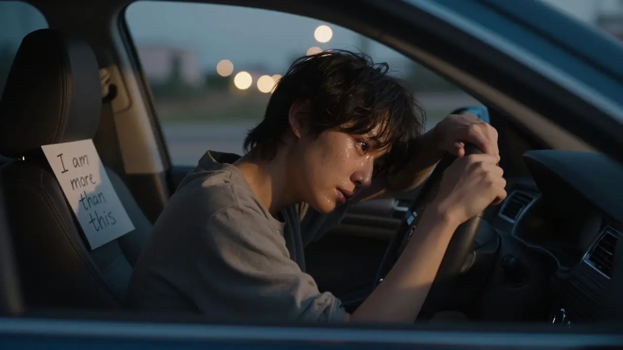 A performer sitting alone in their car after a shoot, tears in the dim light.