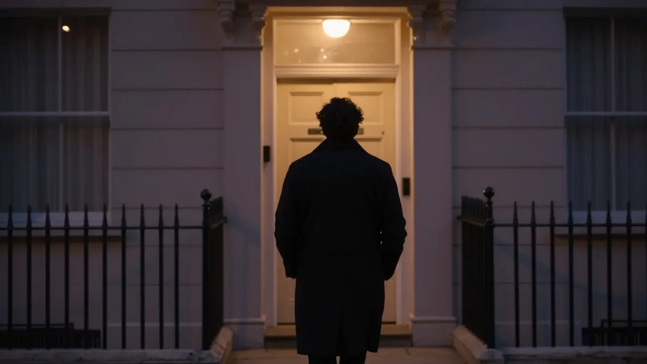 A person walking away from a London townhouse at dusk, looking peaceful and grounded after a meaningful session.