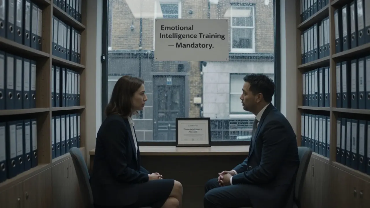 A professional London escort agency office with a sign about emotional intelligence training, two people in quiet conversation under dim lighting.