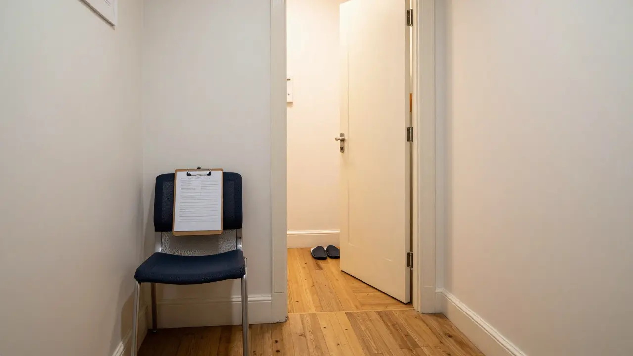 A quiet London massage clinic hallway with a welcome form and slippers, conveying a sense of trust and simplicity.