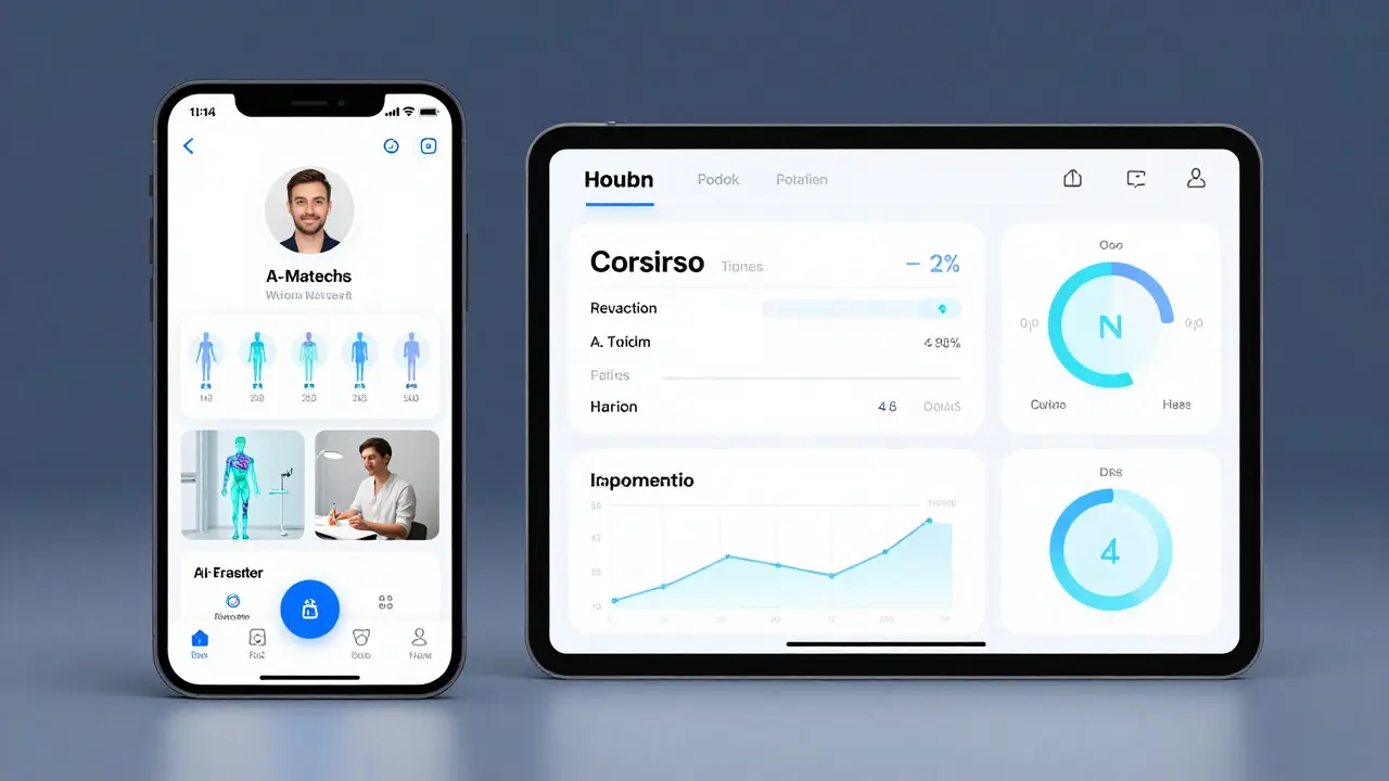 A smartphone and tablet displaying an AI-matched massage therapist profile and health metrics in a modern London home.