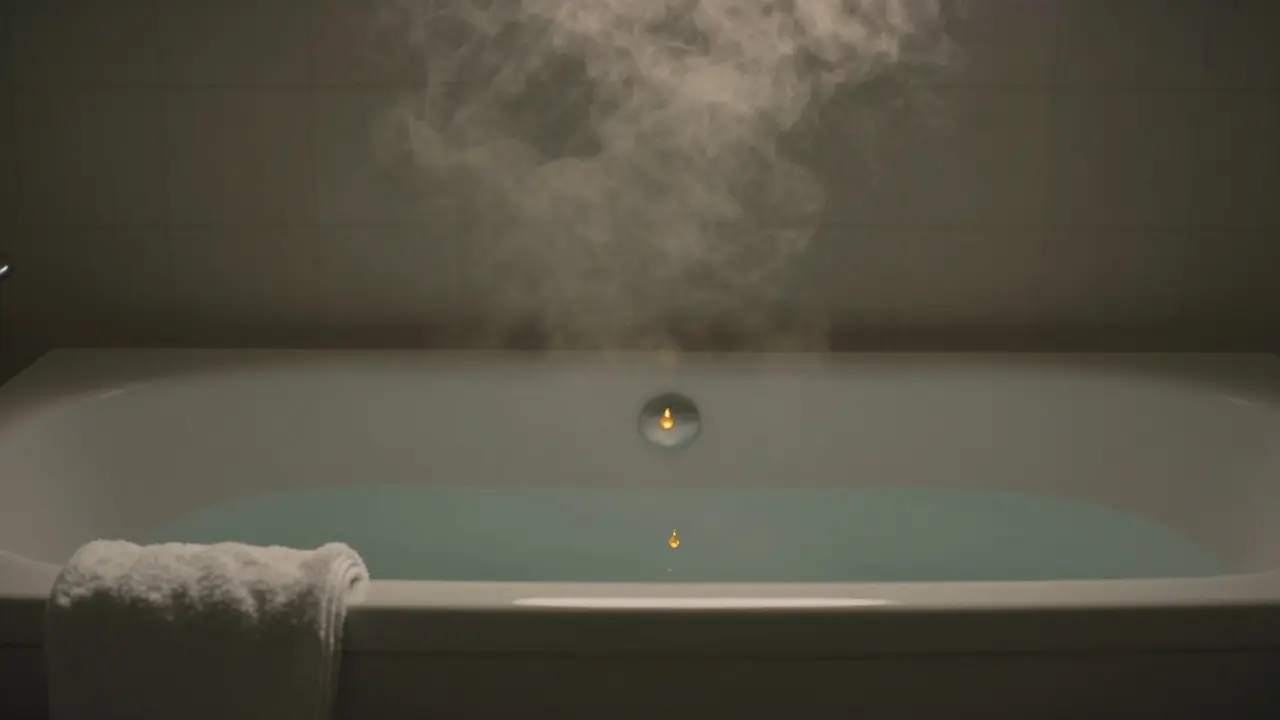 A steaming bathtub at dawn with a single golden drop falling into water, evoking quiet acceptance.