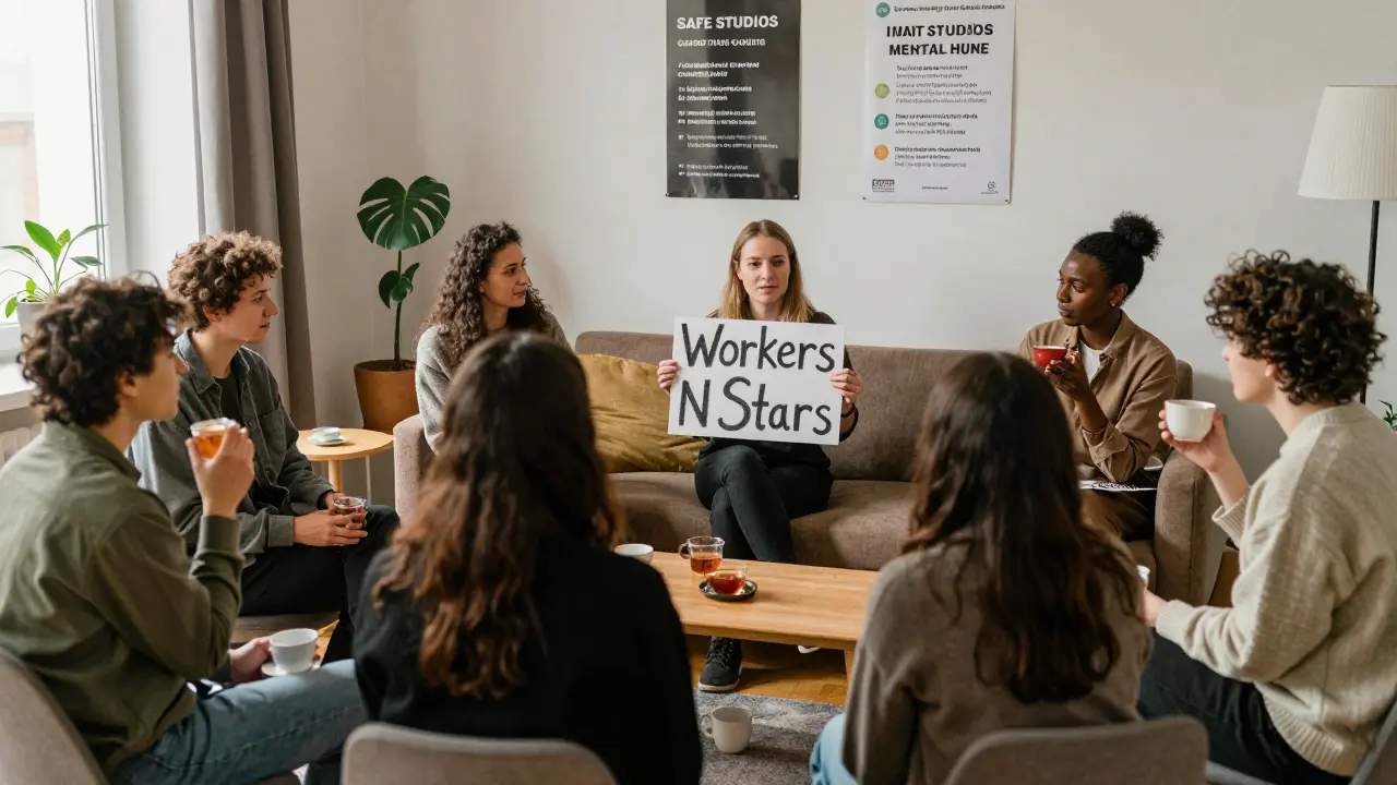 A supportive group of performers gathering in a warm, home-like setting.