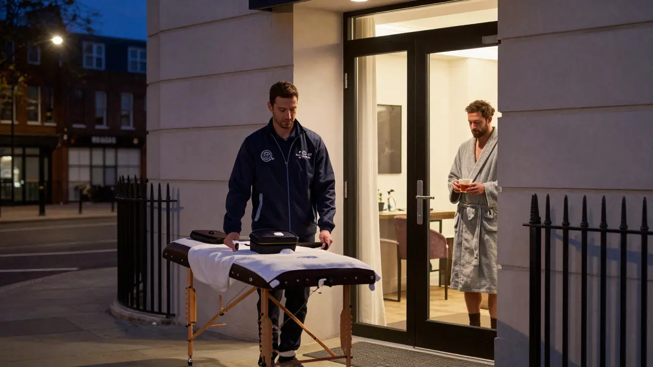 A therapist arrives at a London apartment at night with massage equipment, while a client waits inside.