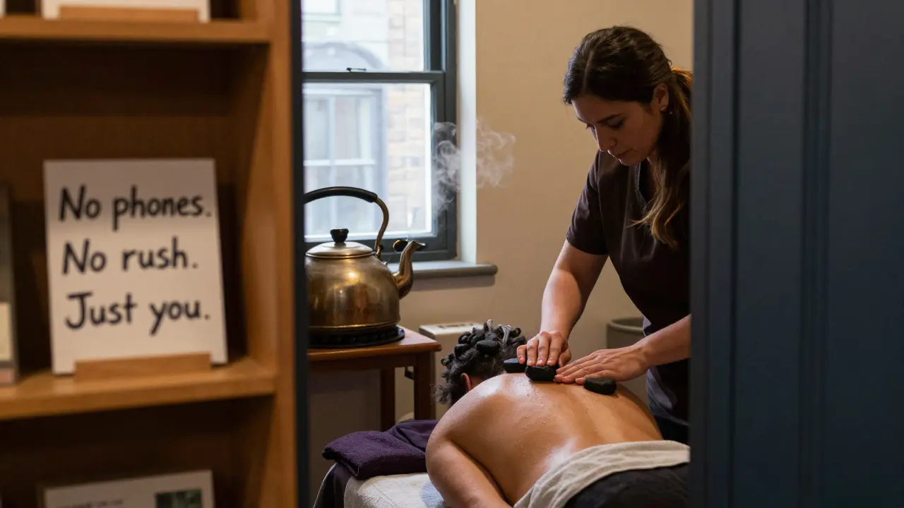 A therapist using heated stones on a client's shoulders in a cozy, hidden room behind a bakery in Hackney.