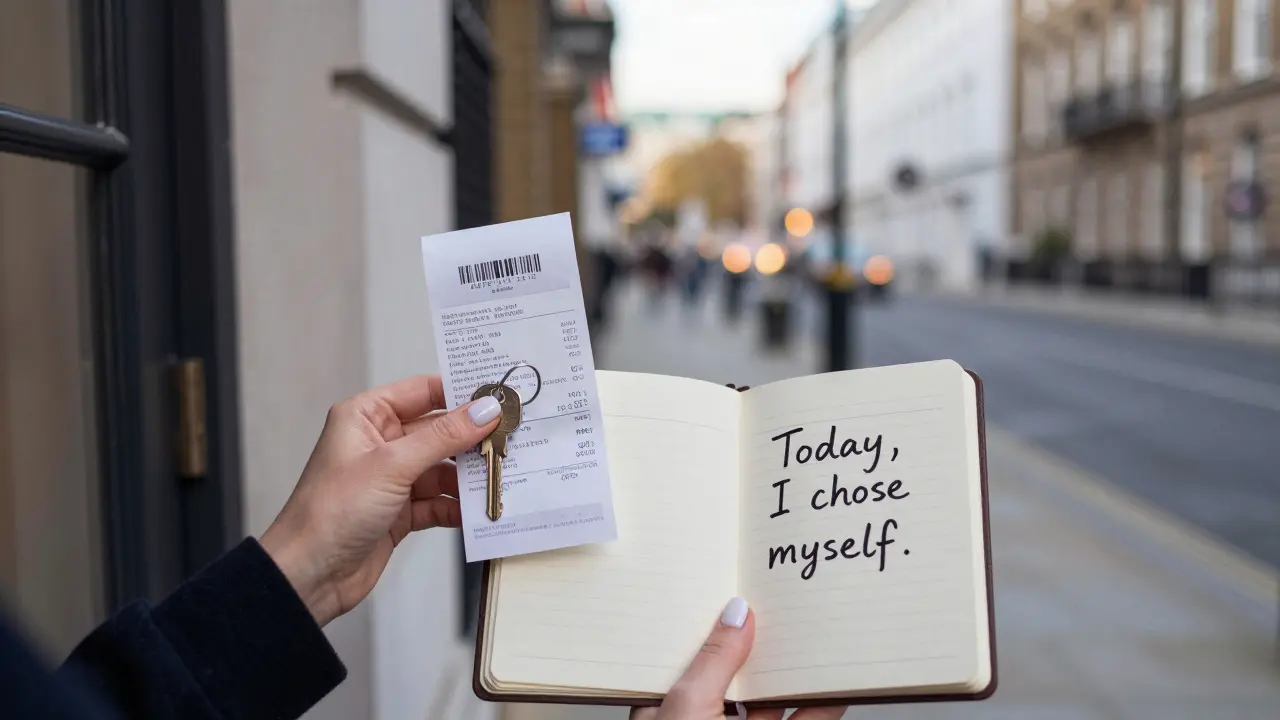 A woman’s hands hold a key, payment receipt, and journal entry, symbolizing independence and self-care.