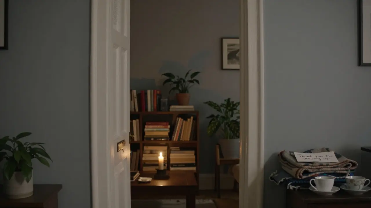 An empty but lived-in London flat room with a candle, teacups, and a note — a quiet testament to human connection.