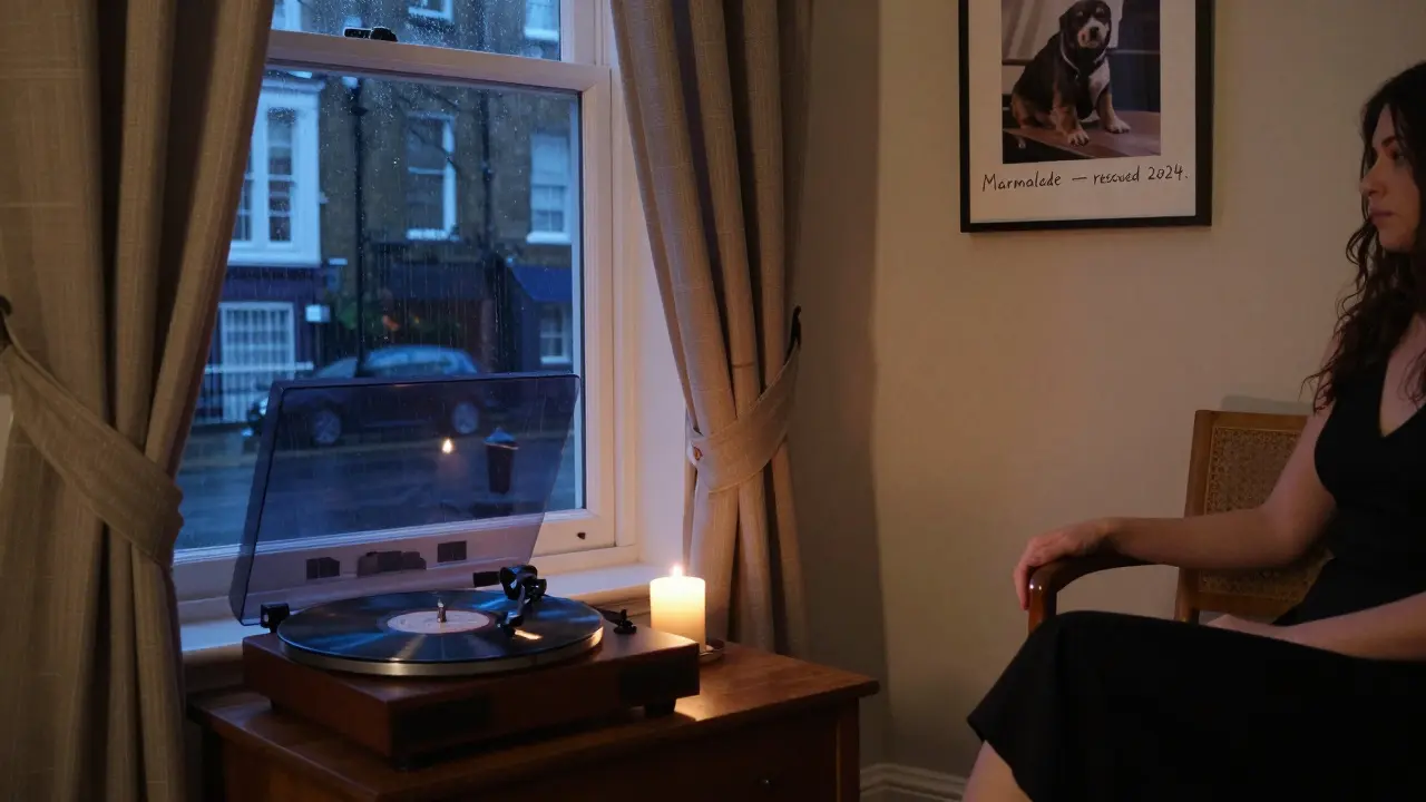 An empty Notting Hill flat at dusk, with a candle flickering, a vinyl record playing, and a framed photo of a rescue dog on the wall.