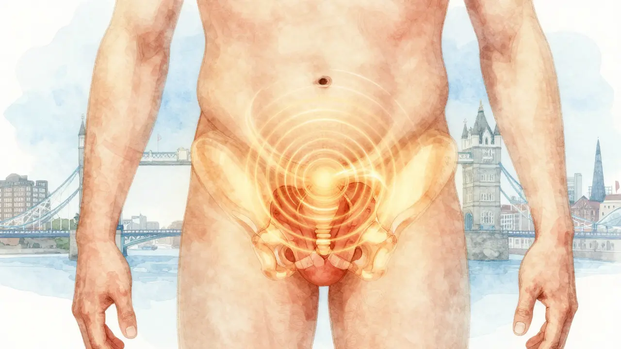 Anatomical illustration of the prostate with healing golden waves, subtly connected to London’s urban landscape.