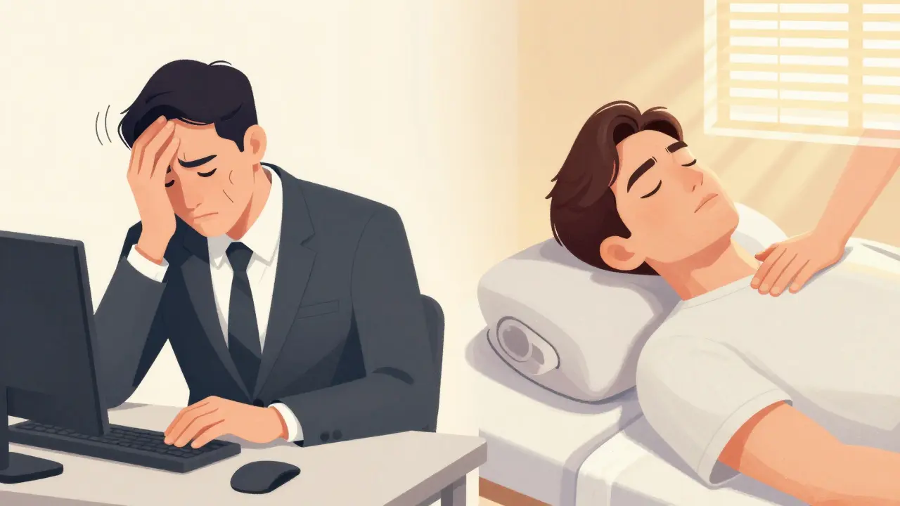 Before and after: a stressed commuter transformed into a relaxed individual after massage therapy.