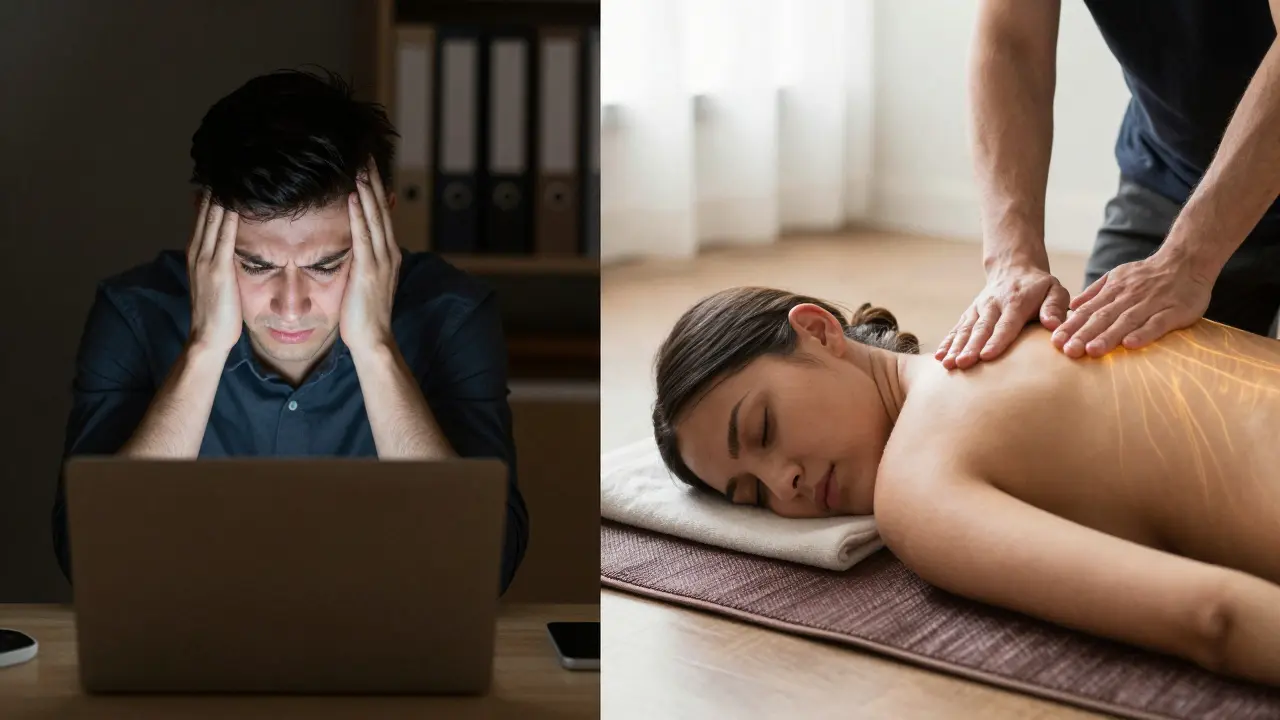 Before and after: stressed office worker transformed into peaceful state after Thai massage, showing nervous system reset.