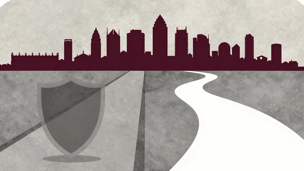 Conceptual illustration of two paths leading to London skyline silhouette.