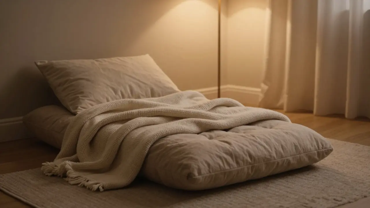 Cozy home corner with warm lighting ready for rest.