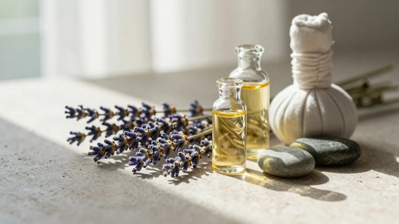 Essential oils and hot stones arranged on a textured stone surface.