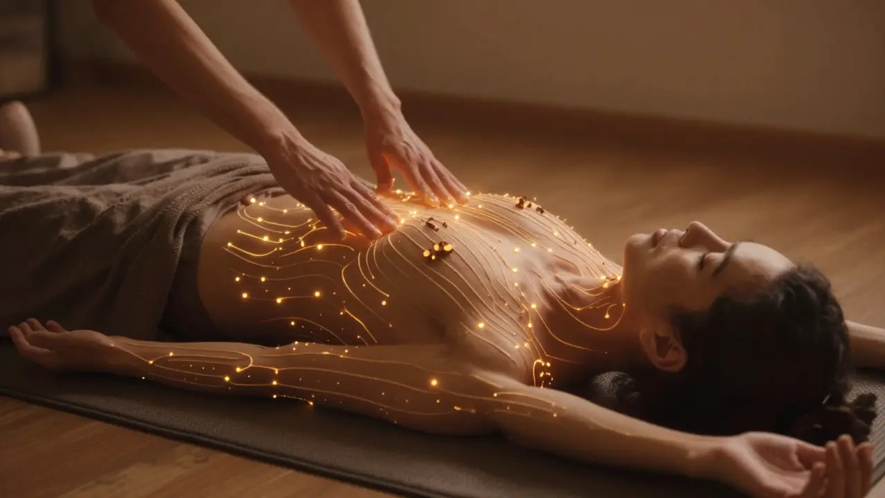 Faint golden energy lines glowing along a person's body during Thai massage, with therapist's hands hovering over key points.