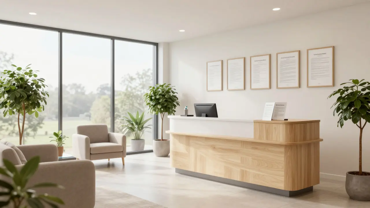 Modern wellness clinic reception area with plants and framed certificates.