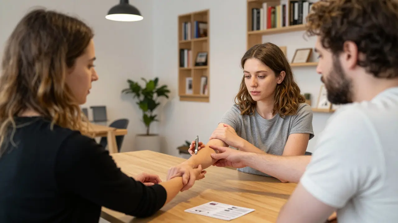 Participants practice consent and communication in a workshop setting, with safety cards visible on the table.