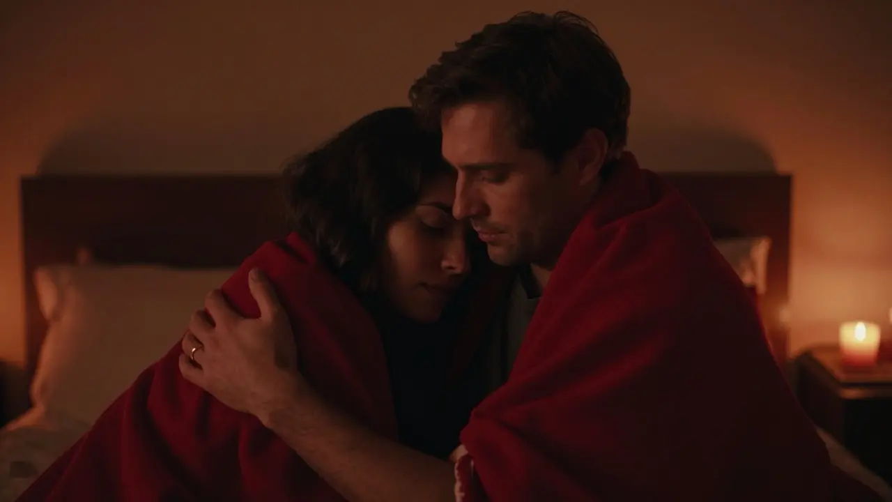 Partner embrace with warm candlelight