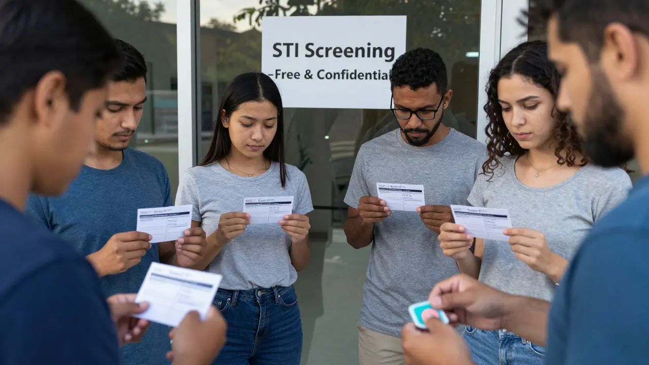 People outside a clinic holding STI testing cards, one opening a dental dam.