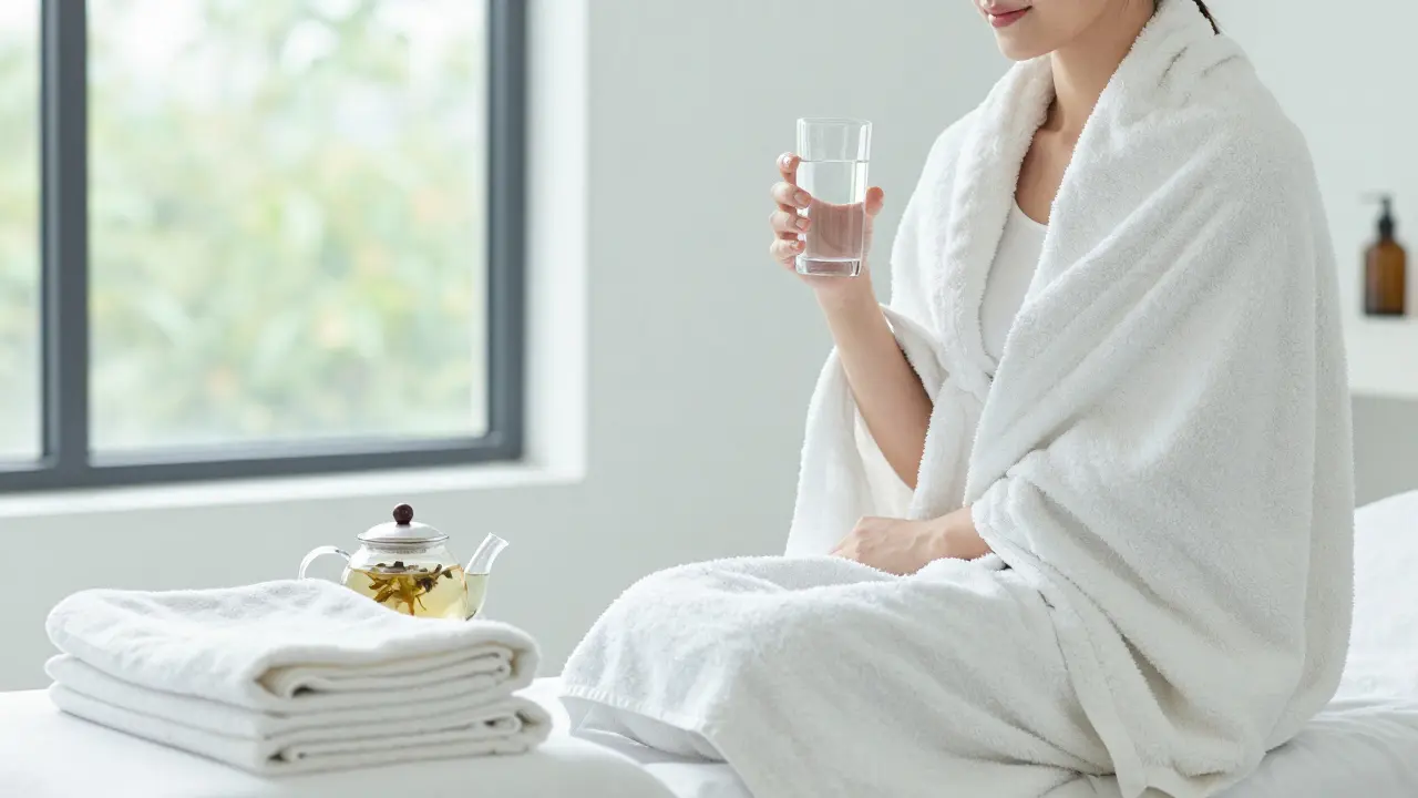 Person in spa robe drinking water in a wellness room