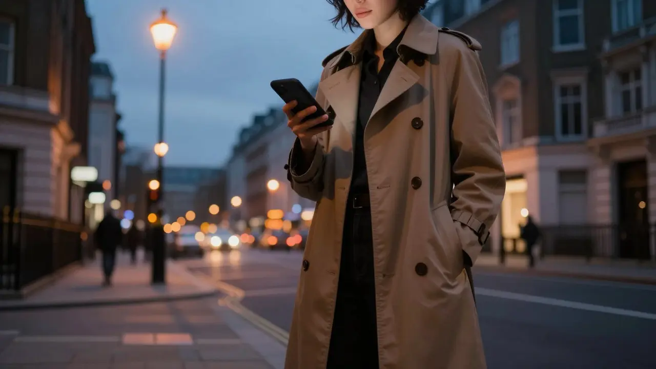 Person in trench coat on London street at dusk holding smartphone.