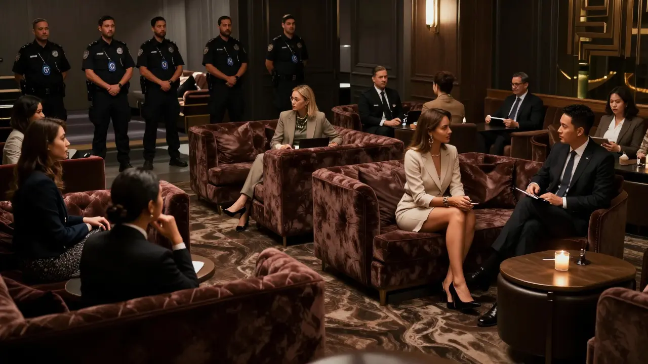 Secure lounge interior with staff monitoring floor