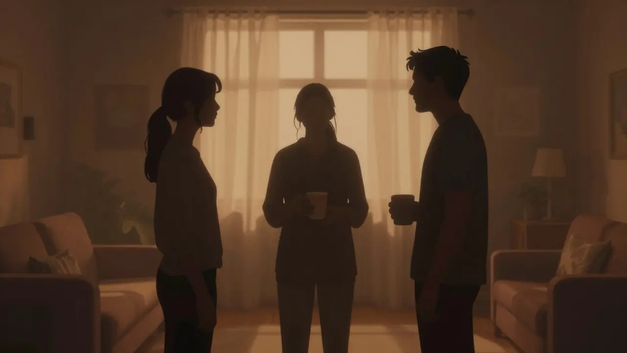 Silhouettes of people gathering in a warm, safe indoor space.