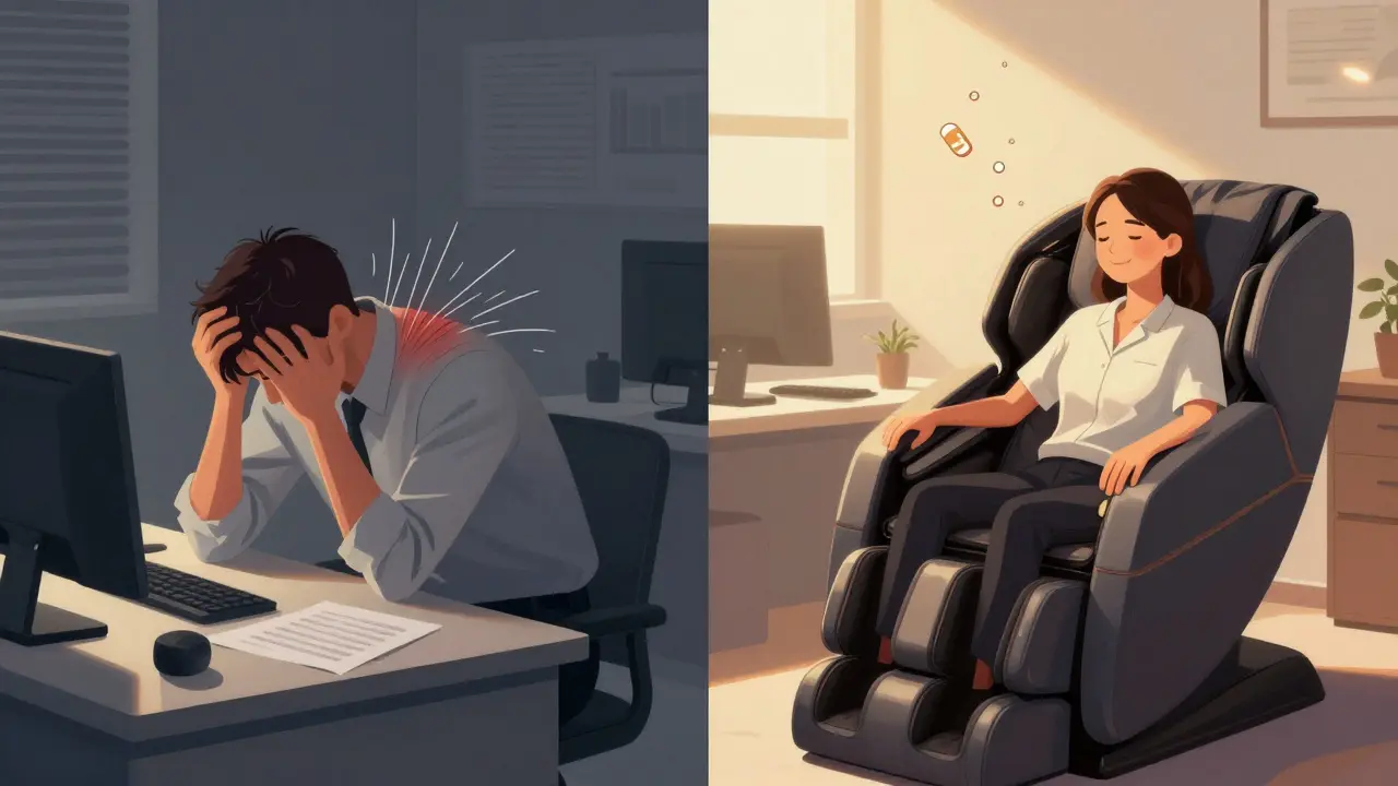 Split image showing an employee transforming from stressed and hunched to relaxed and at ease during a workplace massage.