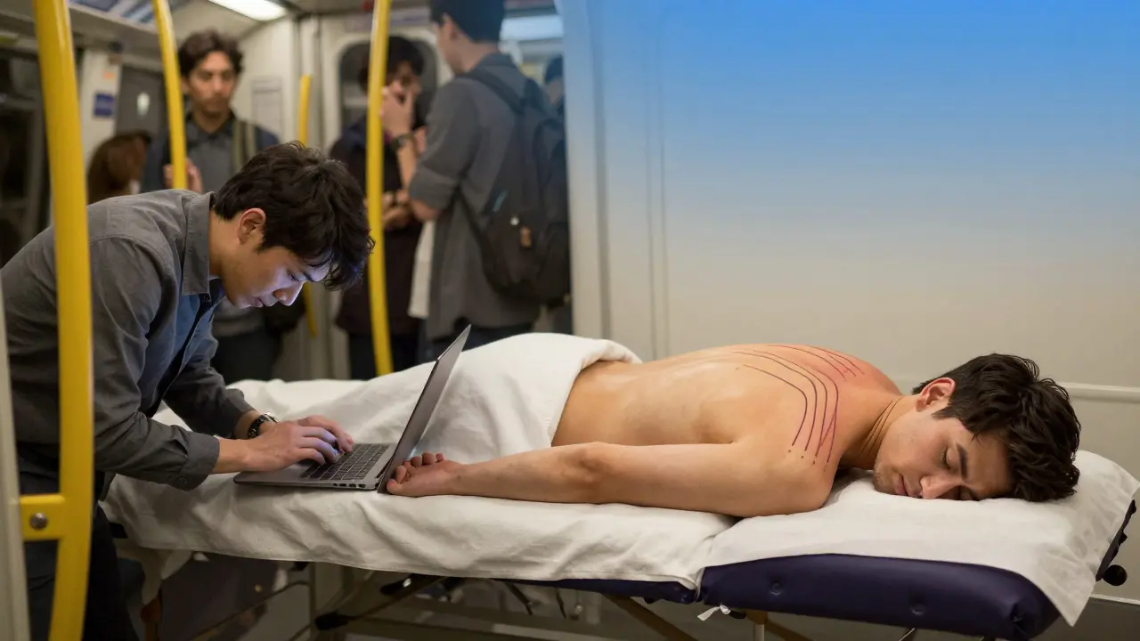 Split image showing stress of commuting on one side and deep relaxation during massage on the other.