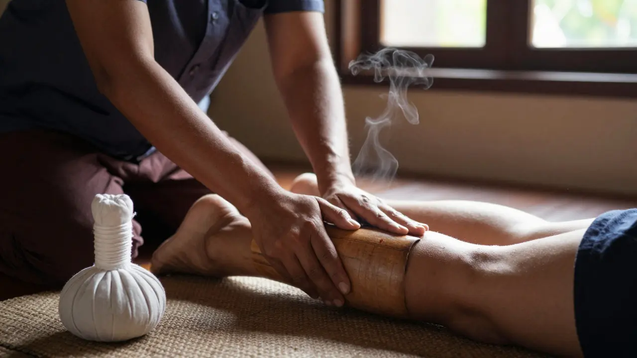 Thai massage therapist using a wooden stick to tap energy lines on a client’s leg, herbal compress balls nearby, natural light streaming in.