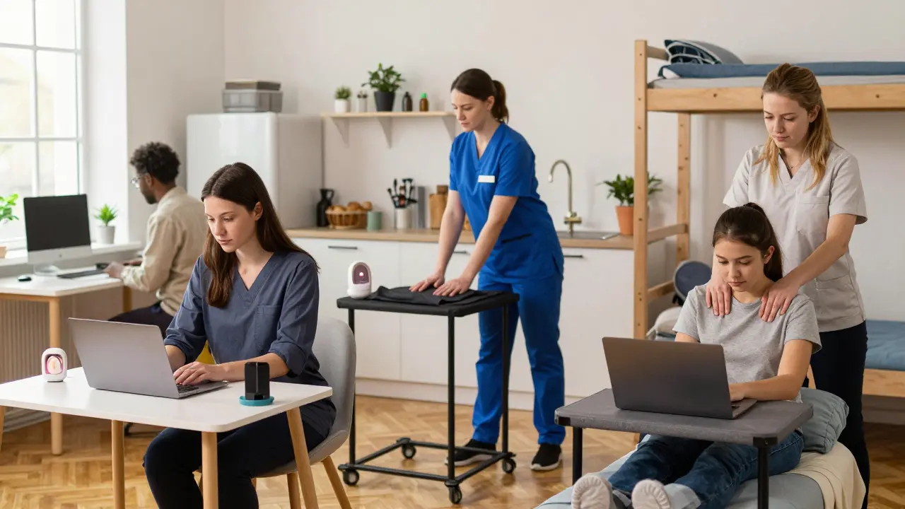 Three different Londoners receiving outcall massages in their daily environments: home, office, and dorm.