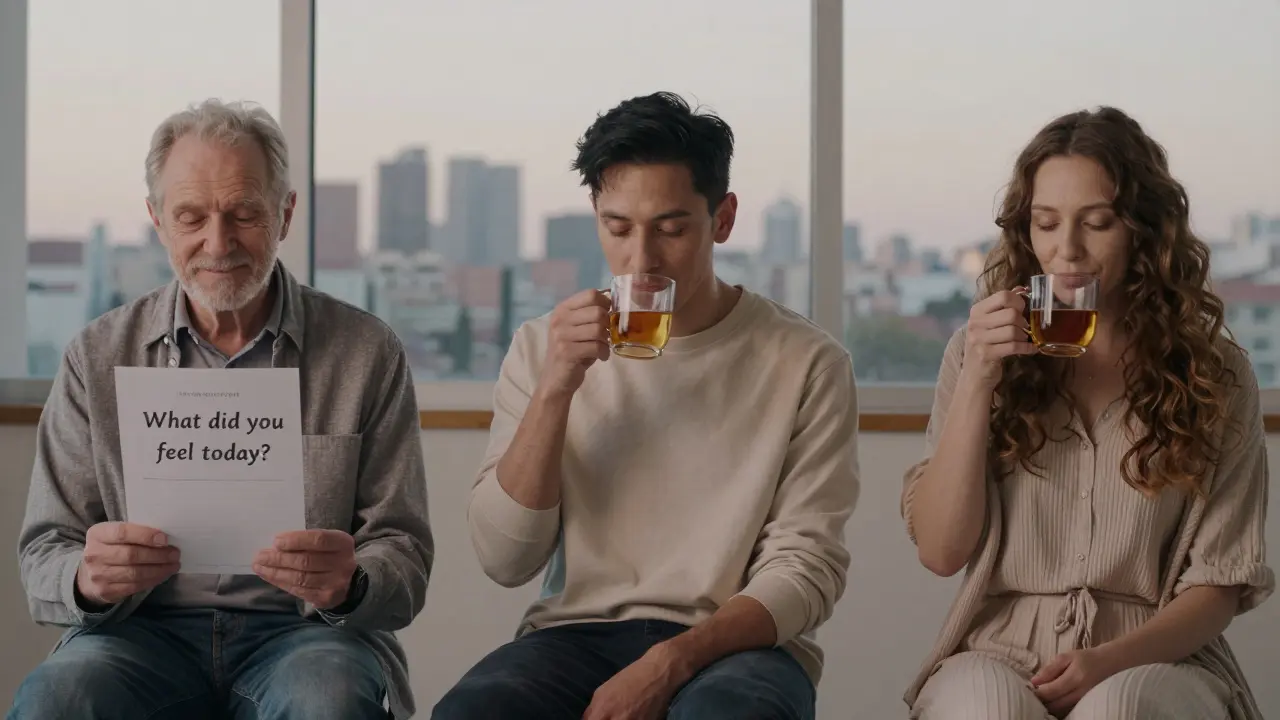 Three diverse clients smile peacefully after a session, holding journals and sipping tea, symbolizing emotional healing and self-discovery.