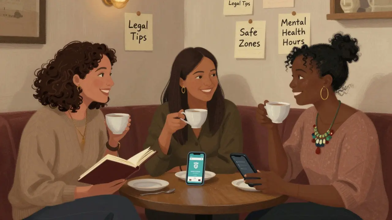 Three diverse women share tea and support in a private lounge, surrounded by notes on safety and mental health.