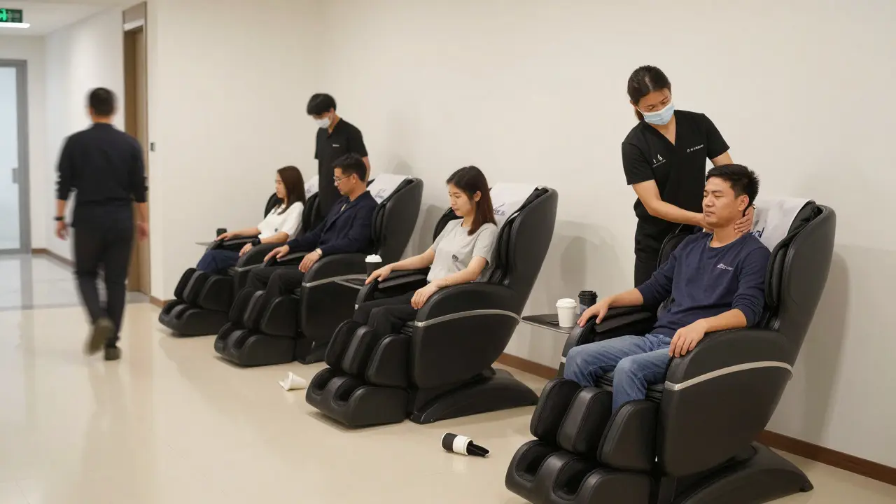 Three employees waiting their turn for mobile massage in a corporate hallway, each receiving quiet, professional care.
