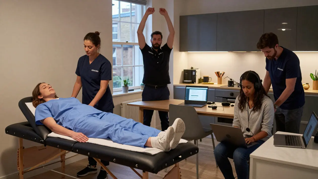 Three London professionals from different jobs receiving outcall massages in their homes, each in their natural environment.