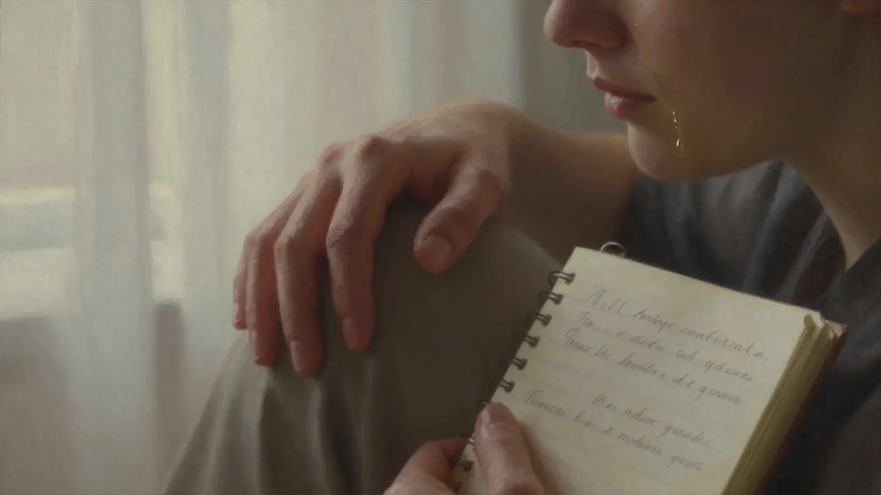 Two hands in quiet contact — one offering comfort, the other holding a notebook — conveying trust without words.