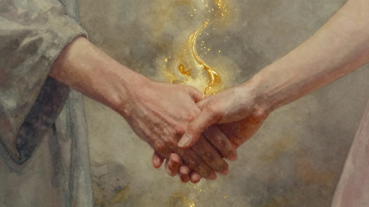 Two hands joined as golden mist rises between them, symbolizing trust and emotional surrender.