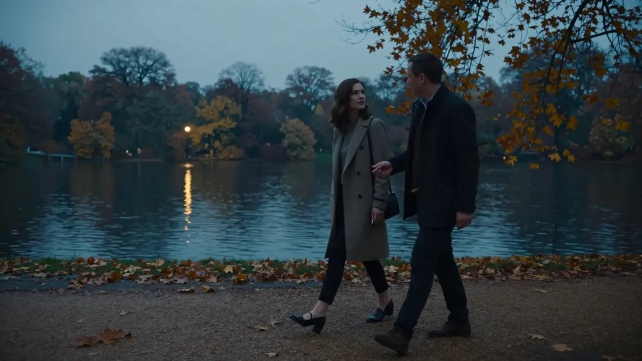 Two people walking side by side in Hyde Park at dusk, fingers lightly brushing, lost in quiet conversation.