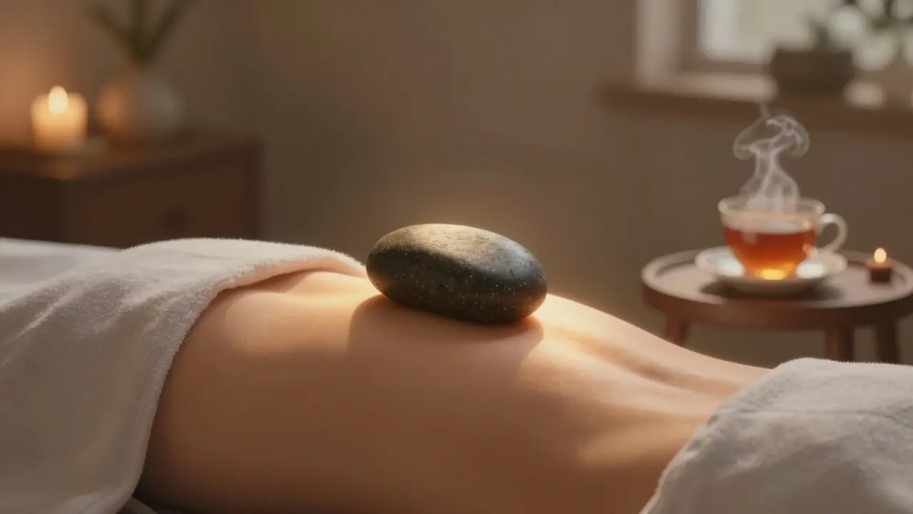 Warm basalt stone resting on a lower back, emitting soft golden light as muscles relax.